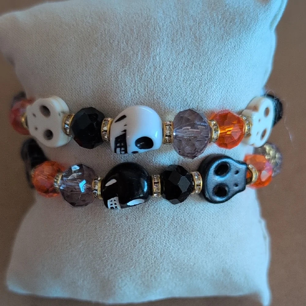 Halloween Gothic Skull Bead Bracelet Set - Black, White, Orange Set